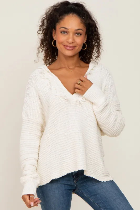 Ivory Fringe Trim Rib Knit Hoodie sold by Pinkblush