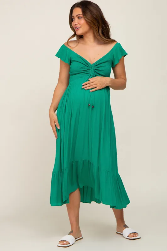 Green Smocked Ruched Ruffle Hem Maternity Maxi Dress sold by Pinkblush