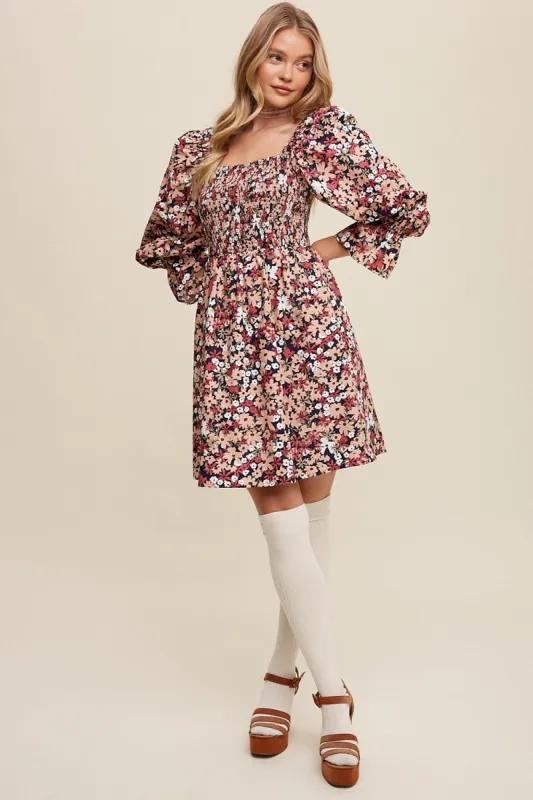 Navy Floral Print Smocked Square Neck Dress sold by Pinkblush