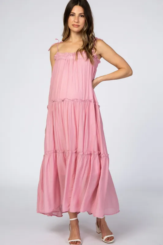 Pink Tie Strap Ruffle Maternity Maxi Dress sold by Pinkblush
