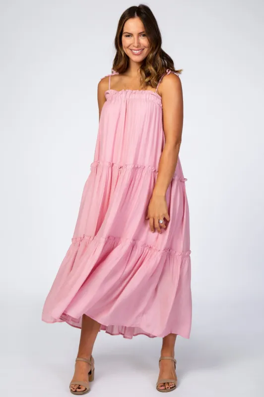 Pink Tie Strap Ruffle Maxi Dress sold by Pinkblush