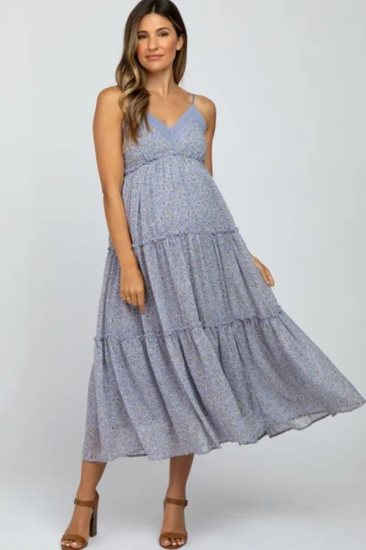 Periwinkle Floral Tiered Maternity Maxi Dress sold by Pinkblush