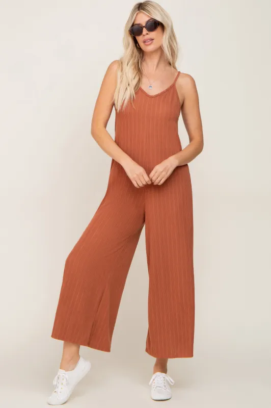 Rust Rib Knit Wide Leg Jumpsuit sold by Pinkblush