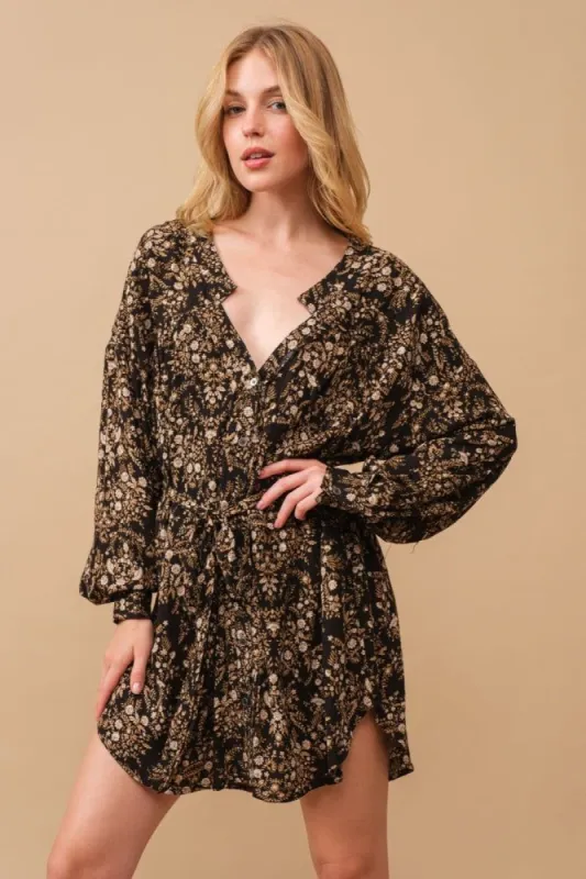 Black Rayon Crinkle Ditsy Floral Raw Shift Shirt Dress made by Pinkblush