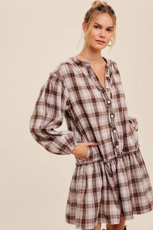 Blush Plaid Print Babydoll Button Down Dress sold by Pinkblush
