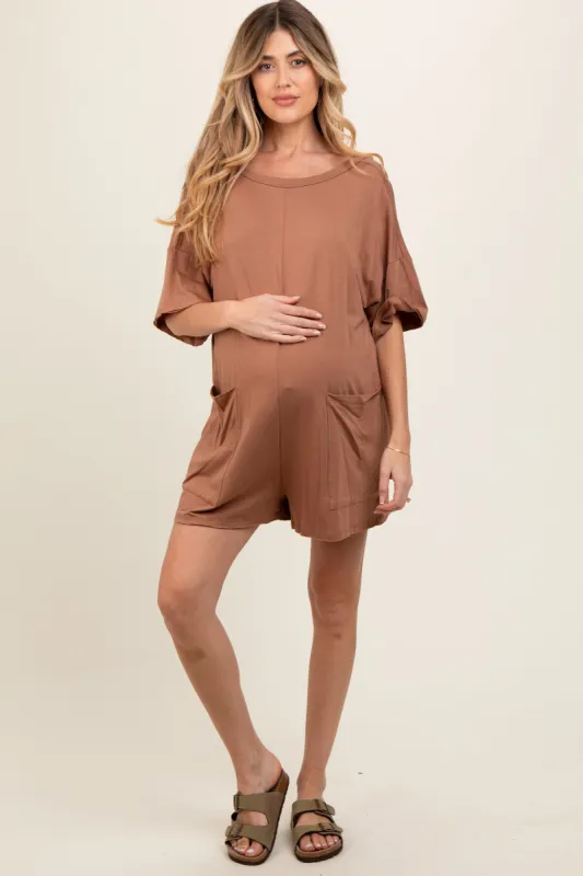 Camel Basic Maternity Romper sold by Pinkblush