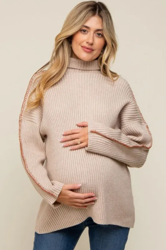 Beige Contrast Stitch Turtleneck Maternity Sweater sold by Pinkblush