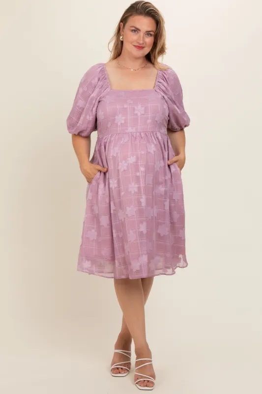 Pink Floral Embroidered Puff Sleeve Plus Maternity Midi Dress made by Pinkblush
