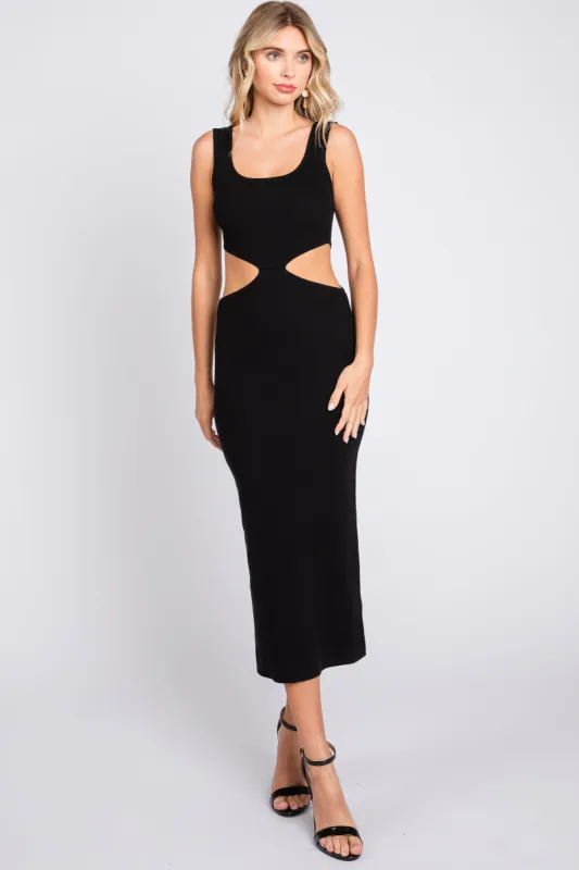 Black Sleeveless Side Cutout Midi Dress sold by Pinkblush
