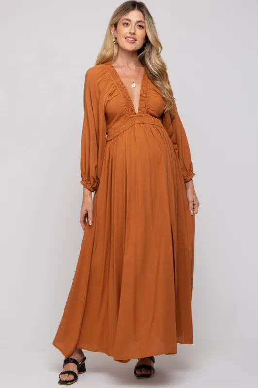 Camel Deep V-Neck Smocked Waist Maternity Maxi Dress sold by Pinkblush