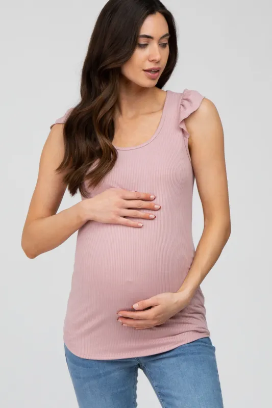 Pink Ribbed Ruffle Shoulder Maternity Tank Top sold by Pinkblush