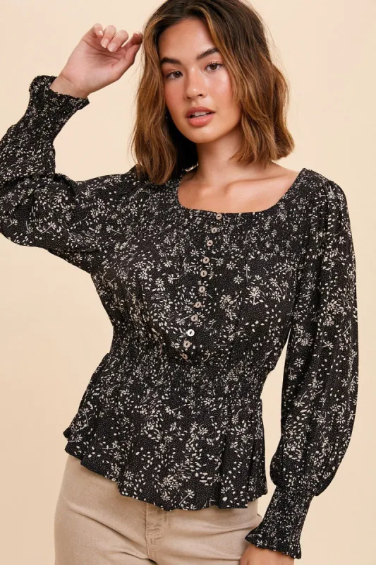 Black Smocked Button Front Peasant Top sold by Pinkblush