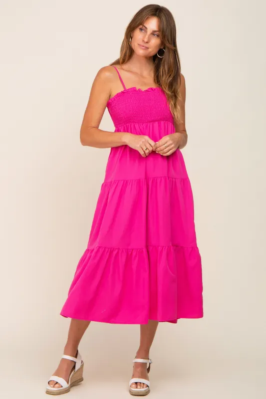 Fuchsia Smocked Open Back Tiered Midi Dress sold by Pinkblush