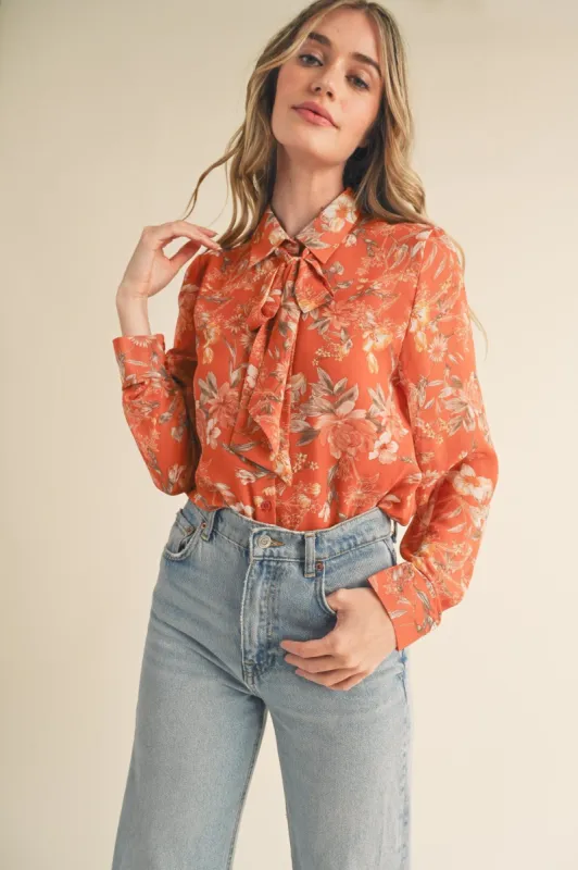 Rust Multi Floral Tie Neck Button-Down Floral Shirt sold by Pinkblush