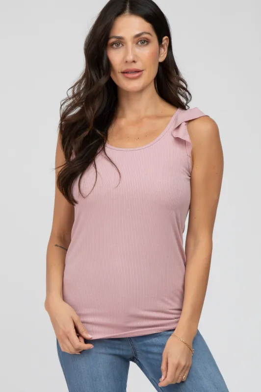 Pink Ribbed Ruffle Shoulder Tank Top sold by Pinkblush