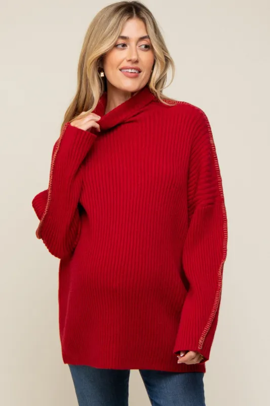 Red Contrast Stitch Turtleneck Maternity Sweater sold by Pinkblush