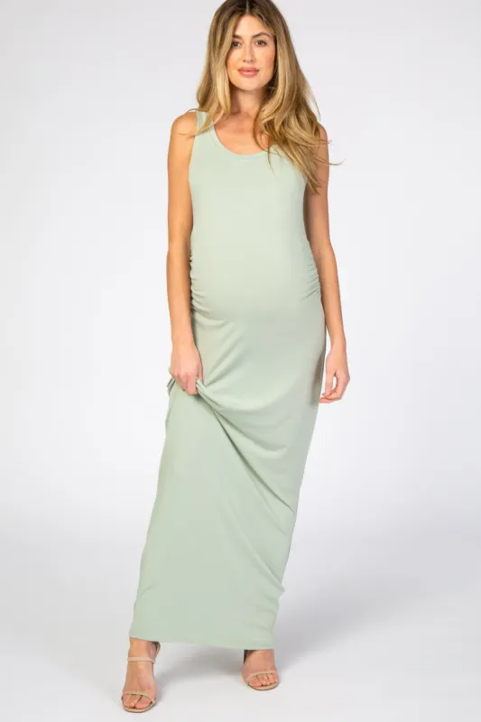 Light Mint Solid Sleeveless Fitted Maternity Maxi Dress sold by Pinkblush