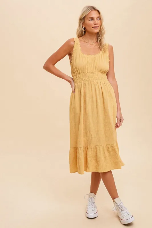 Yellow Gauze Smocked Waist Lettuce Trim Midi Dress sold by Pinkblush