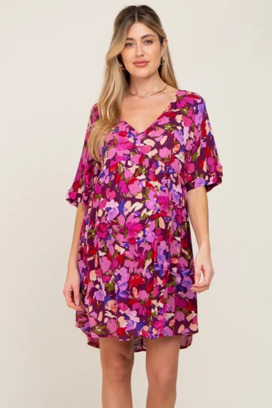 Magenta Floral V-Neck Maternity Dress sold by Pinkblush