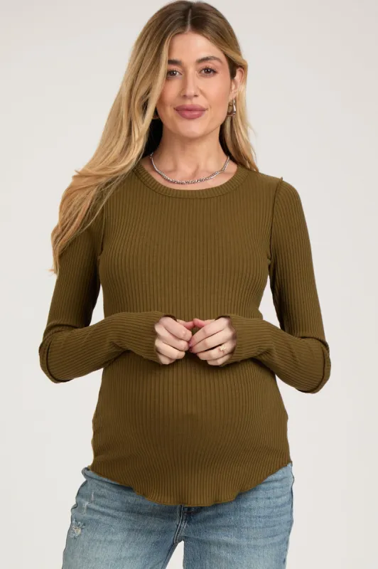 Olive Ribbed Maternity Long Sleeve Top sold by Pinkblush