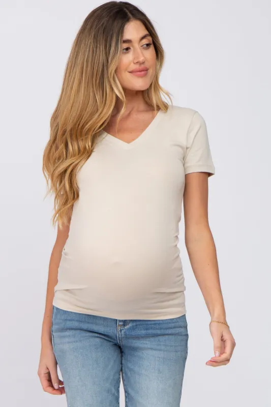 Beige V-Neck Short Sleeve Maternity Top sold by Pinkblush