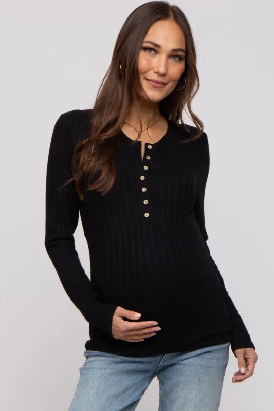 Black Ribbed Knit Button Long Sleeve Maternity Top sold by Pinkblush