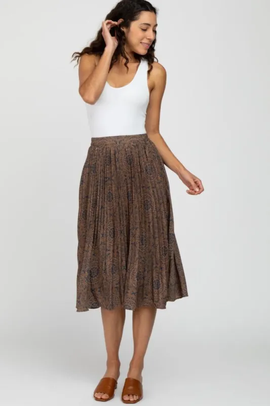 Navy Print Pleated Midi Skirt sold by Pinkblush