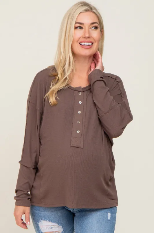 Mocha Ribbed Dolman Sleeve Maternity Henley Top sold by Pinkblush