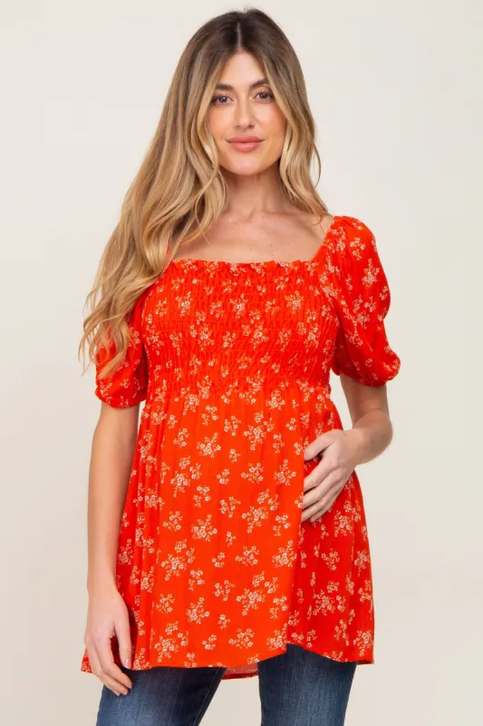Orange Floral Smocked Square Neck Maternity Top sold by Pinkblush