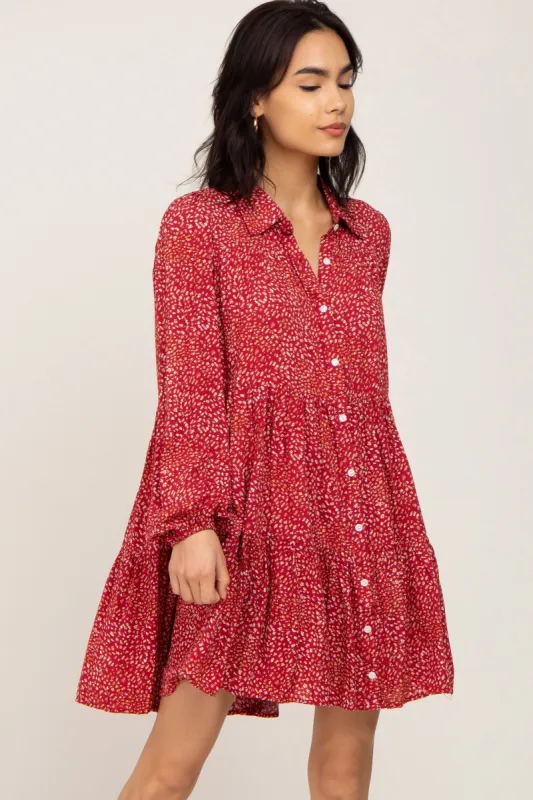 Rust Printed Button Down Tiered Mini Dress sold by Pinkblush