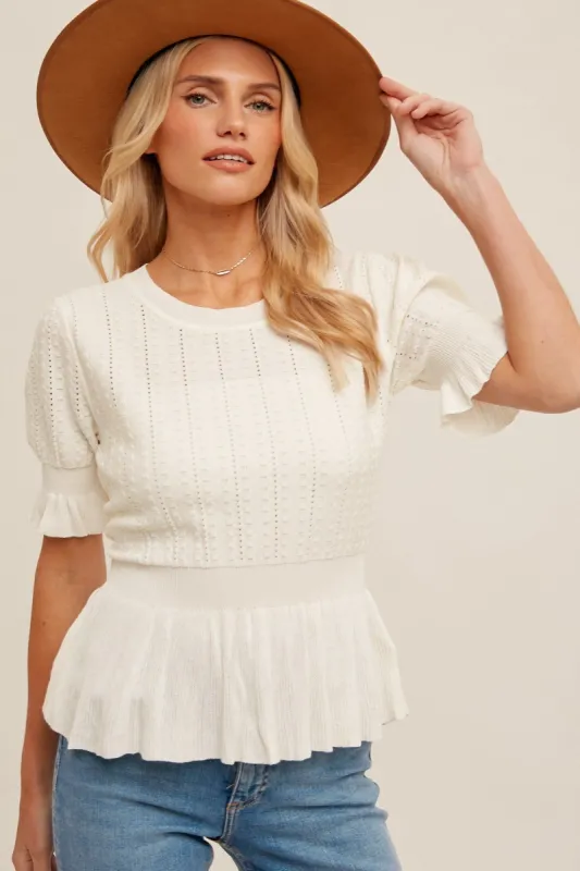 Ecru Flounce Sleeve Peplum Knit Top sold by Pinkblush