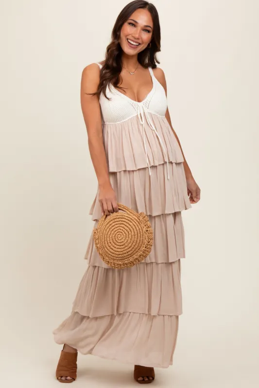 Beige Colorblock Crochet Tiered Maternity Maxi Dress sold by Pinkblush