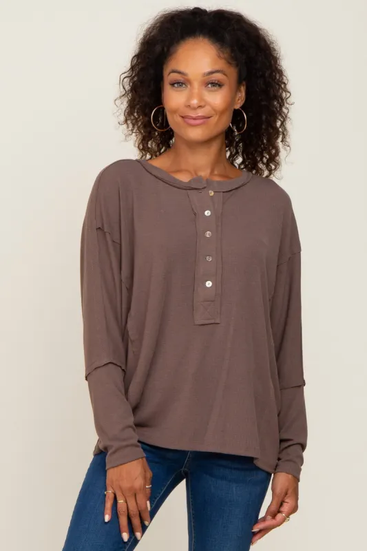 Mocha Ribbed Dolman Sleeve Henley Top sold by Pinkblush