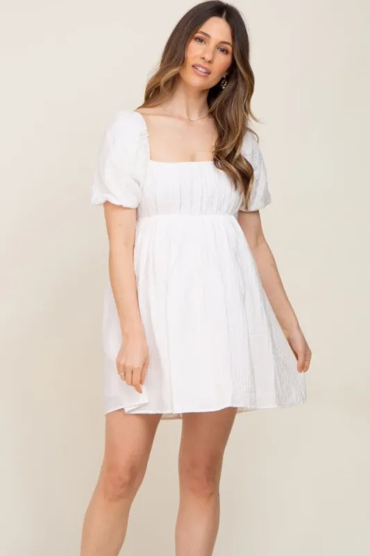 Ivory Striped Pleated Puff Sleeve Maternity Mini Dress sold by Pinkblush