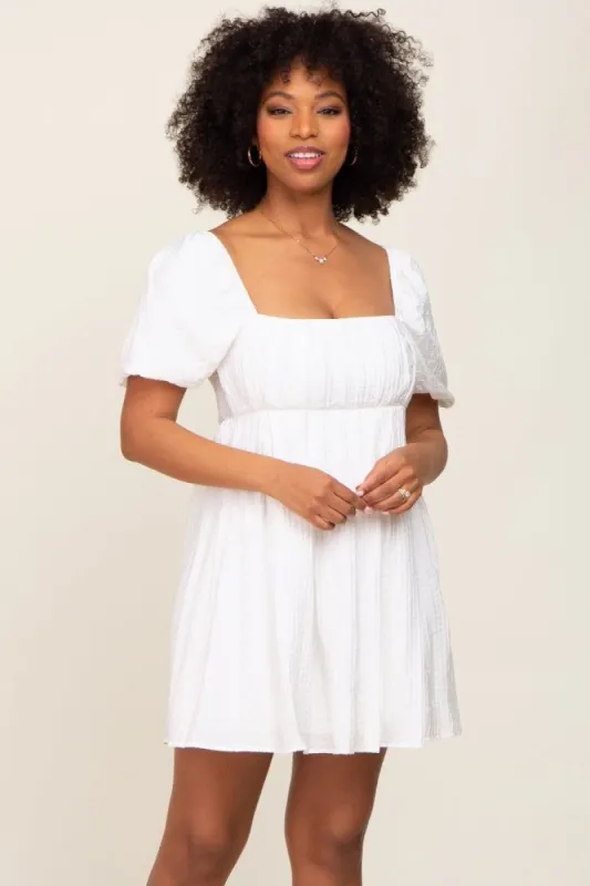 Ivory Striped Pleated Puff Sleeve Mini Dress sold by Pinkblush
