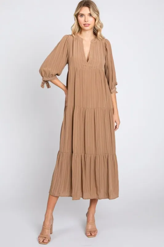 Camel Striped Tiered Midi Dress sold by Pinkblush