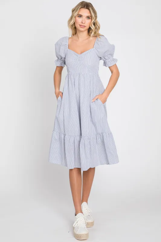 Light Blue Pinstriped Sweetheart Neck Midi Dress sold by Pinkblush