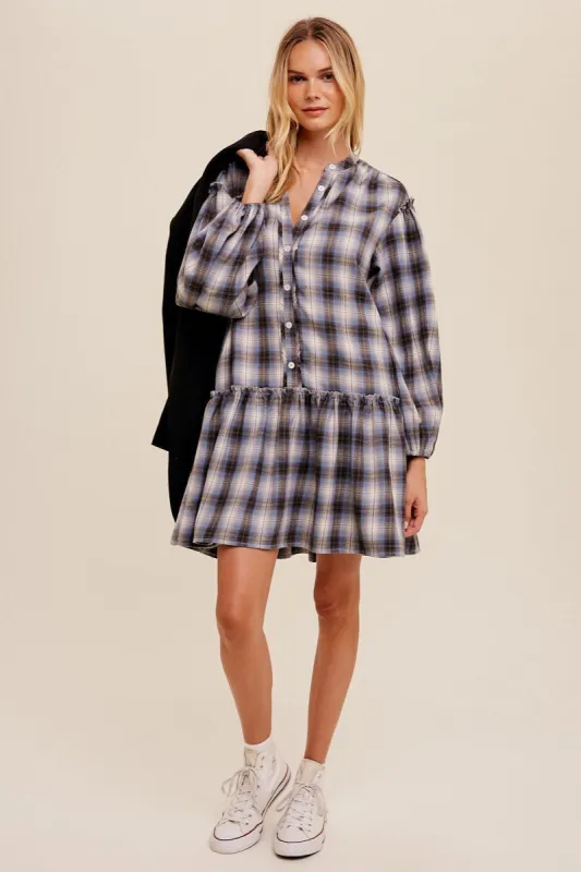 Denim Plaid Print Babydoll Button Down Dress sold by Pinkblush