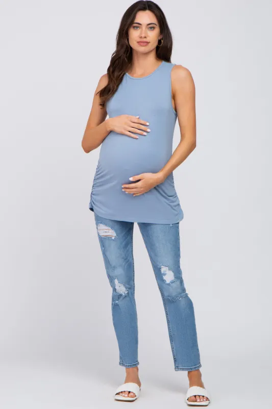 Blue Sleeveless Ruched Maternity Top sold by Pinkblush
