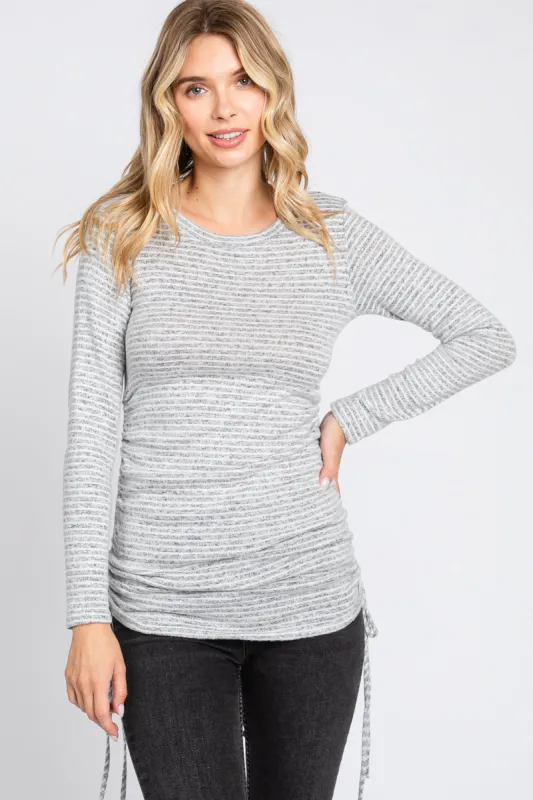 Heather Grey Striped Brushed Knit Ruched Top sold by Pinkblush