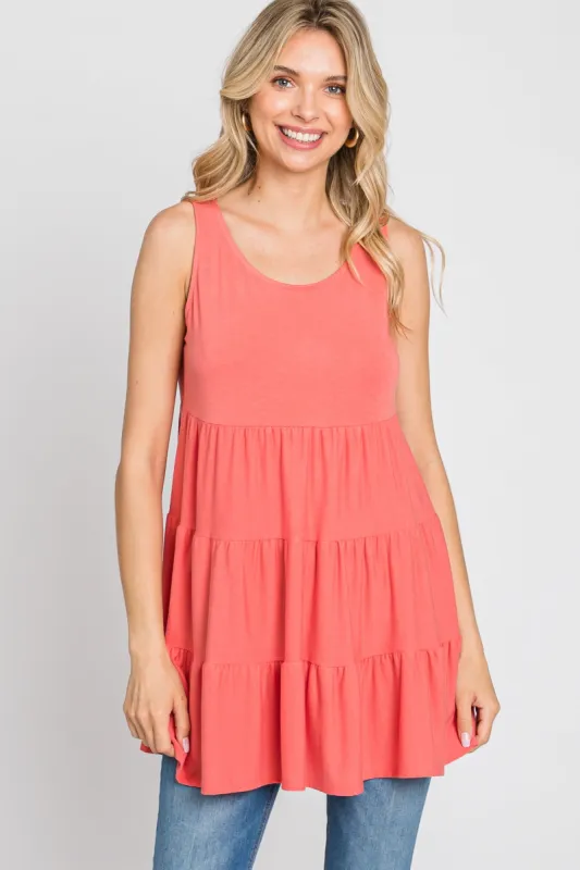 Coral Tiered Sleeveless Top sold by Pinkblush