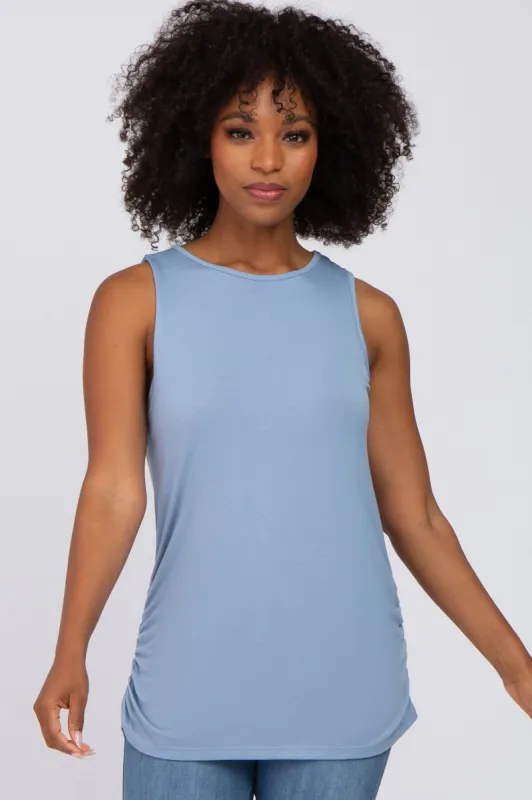 Blue Sleeveless Ruched Top sold by Pinkblush