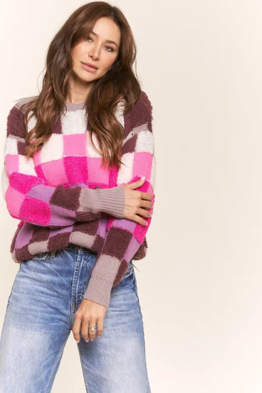 Pink Multi Multicolor Checkered Knit Sweater sold by Pinkblush
