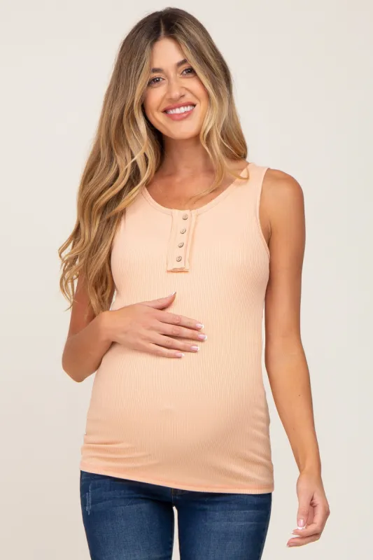 Peach Sleeveless Ribbed Button Front Maternity Top sold by Pinkblush