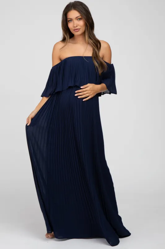 Navy Chiffon Pleated Off Shoulder Maternity Maxi Dress sold by Pinkblush