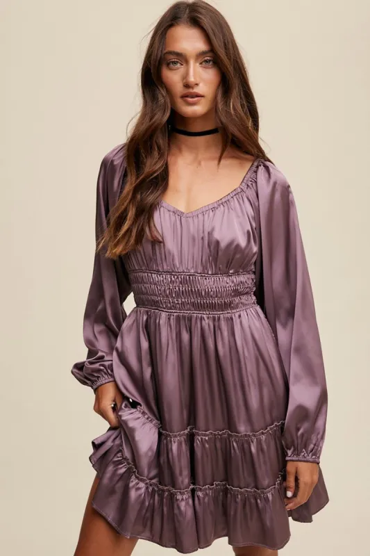 Deep Mauve Sweetheart Long Sleeve Satin Dress sold by Pinkblush