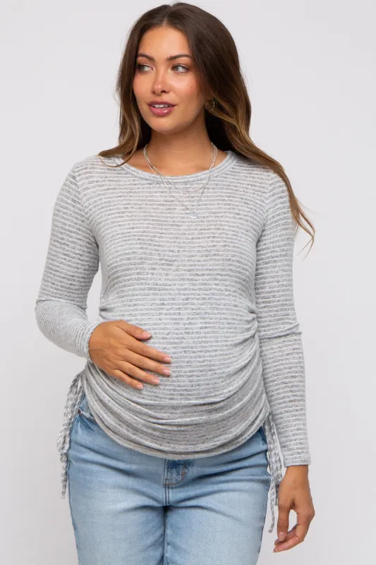 Heather Grey Striped Brushed Knit Ruched Maternity Top sold by Pinkblush