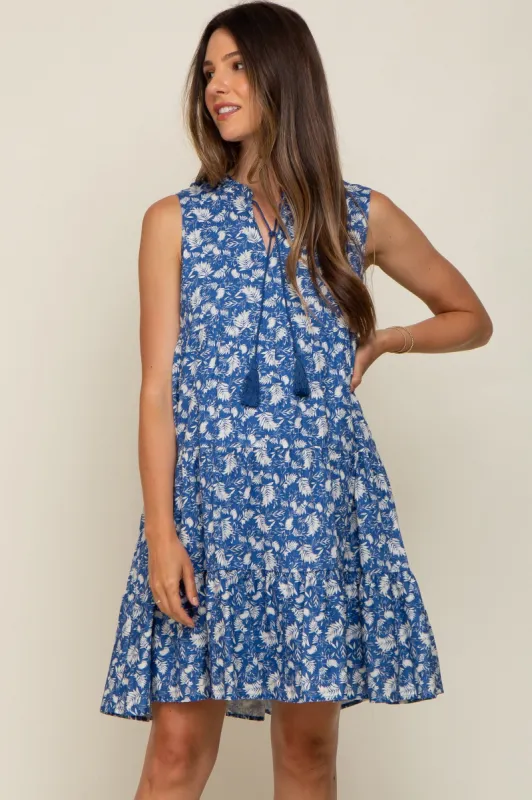Blue Leaf Print Front Tassel Tie Tiered Maternity Dress sold by Pinkblush
