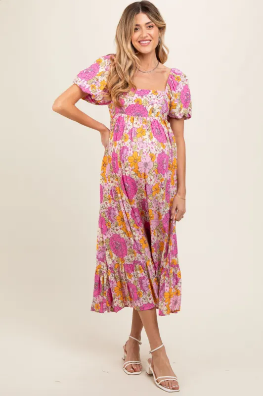 Pink Multi Floral Midi Baby Doll Maternity Dress sold by Pinkblush