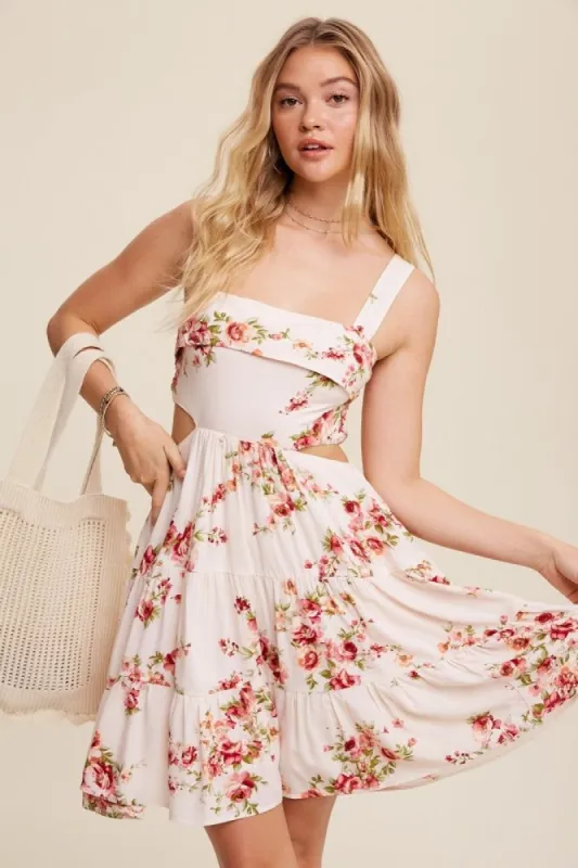 Cream Square Neck Open Back Floral Mini Dress sold by Pinkblush